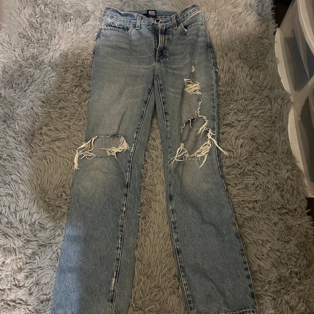 BDG bootcut high-waisted jeans, ripped knees, size 27